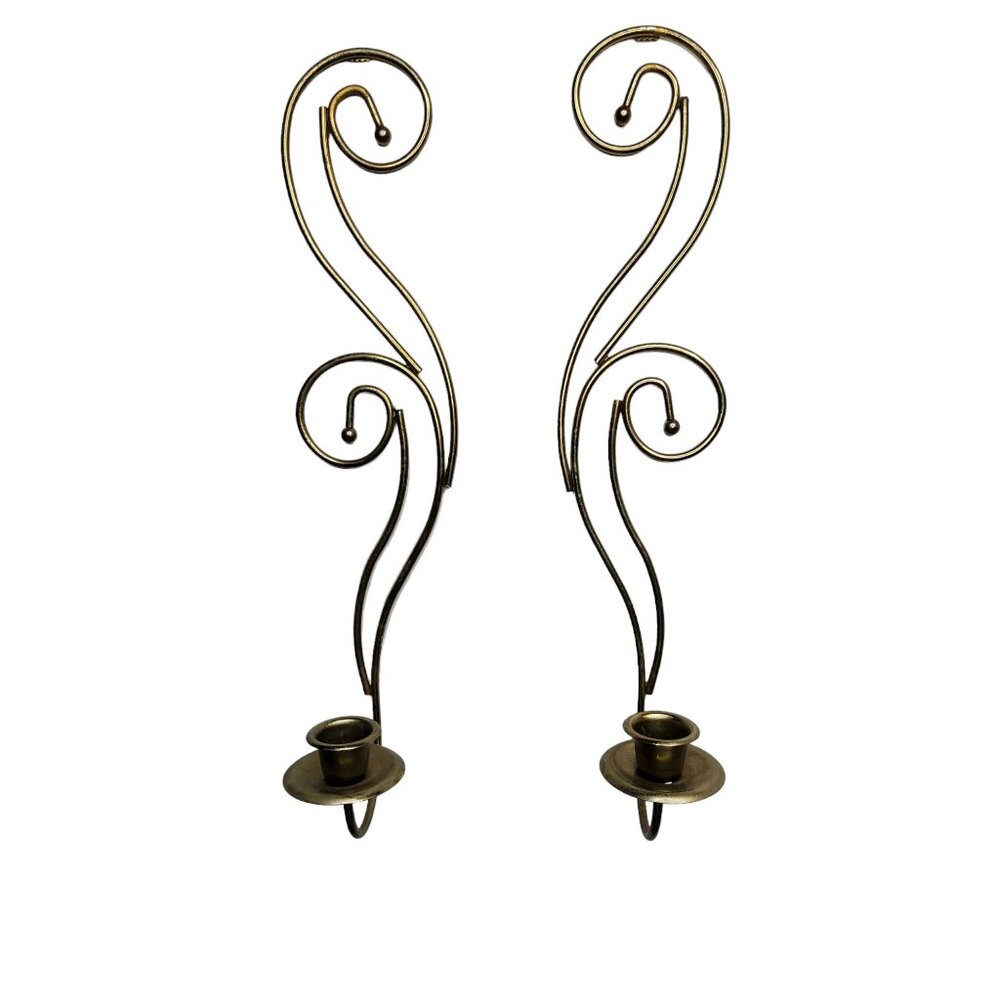 vintage pair of scroll pattern gold tone wall mount candle sconces